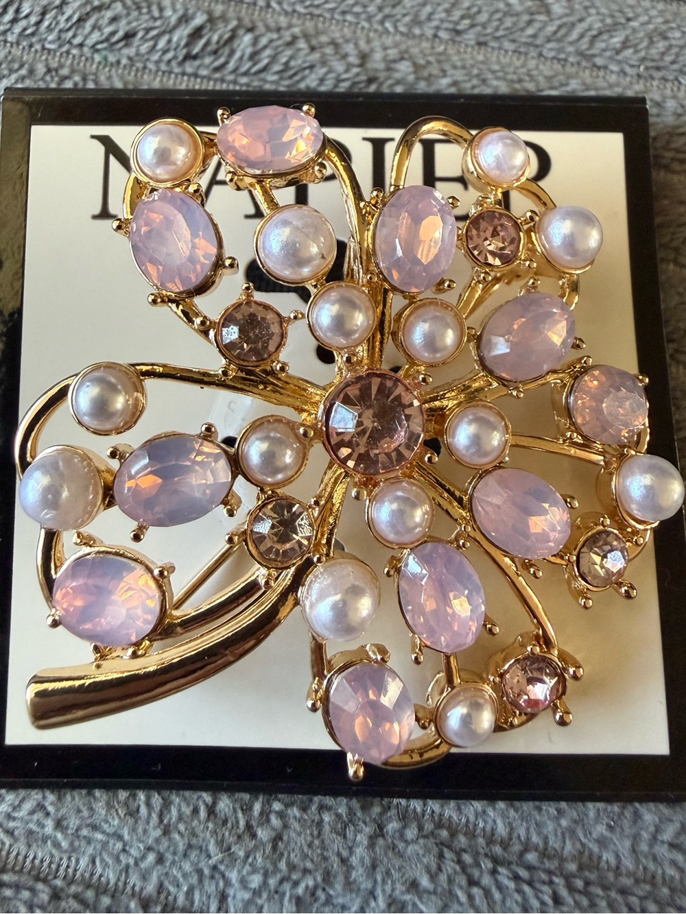 Napier Gold-Tone Floral Brooch with Pink and Purple Rhinestones & Pearls